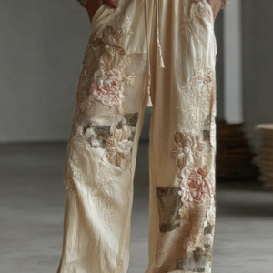 Women's vintage floral patchwork drawstring pants with pockets - Main product view