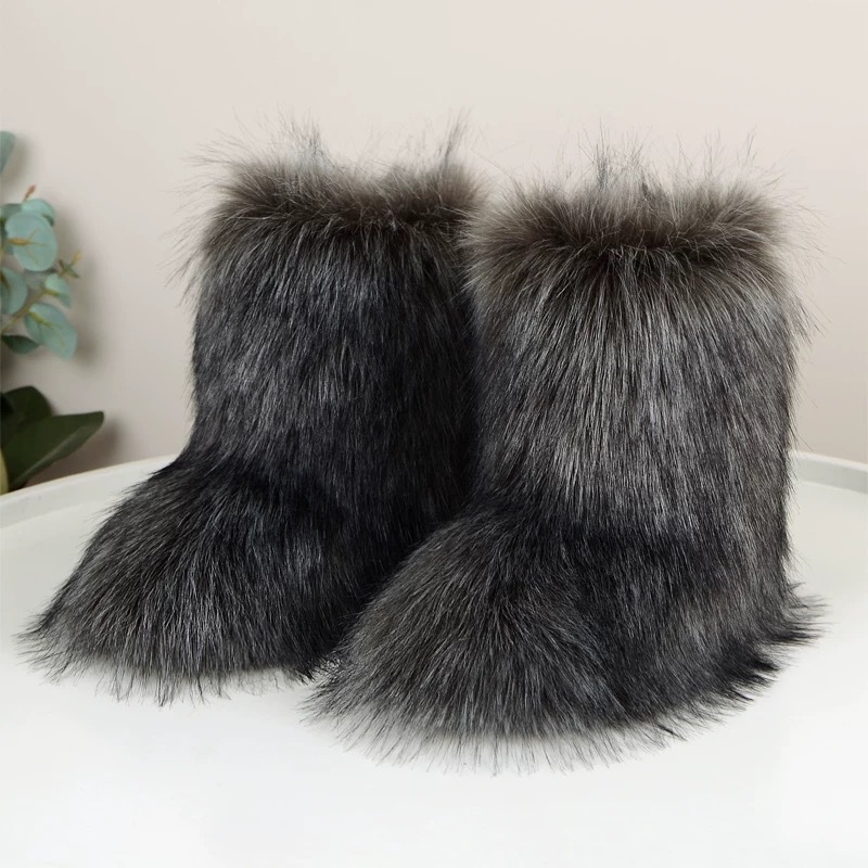 Women's plush faux fur mid-calf winter boots with flat heel - Product view 2