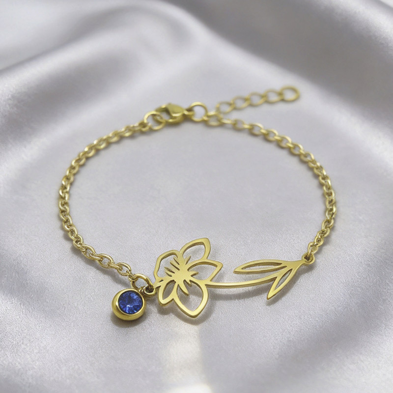 Retro stainless steel birth flower bracelet with monthly flower design - Product view 3