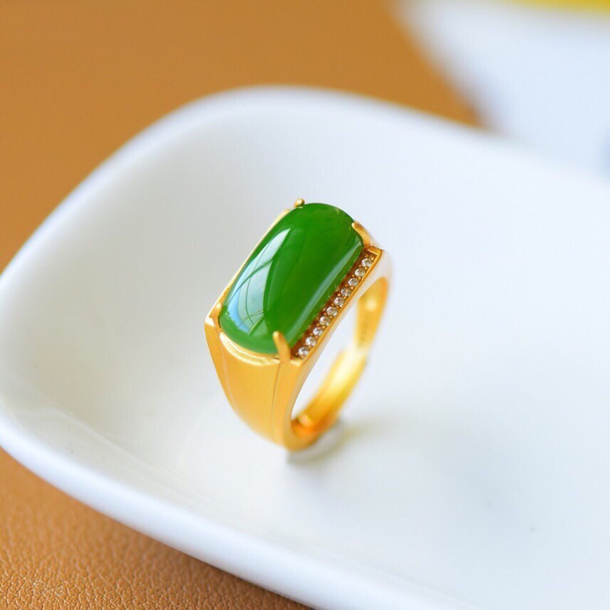 Vintage adjustable gold-plated geometric ring with white jade or jasper - Product view 3