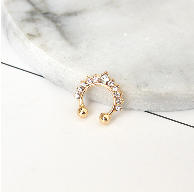 C-shaped zircon crystal fake nose ring in a metallic finish - Product view 1