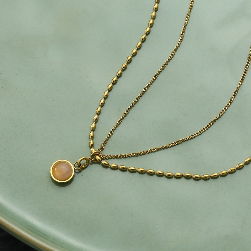 Vintage women's double-layer natural stone pendant necklace with geometric titanium steel pendant - Product view 4