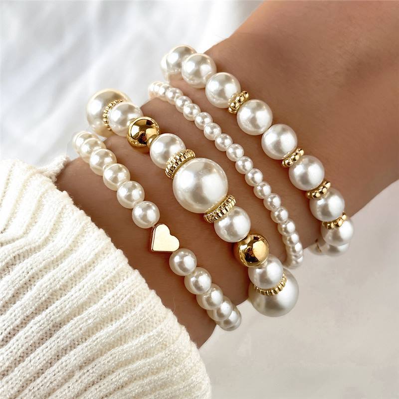 4-piece white faux pearl beaded heart bracelet set - Product view 5