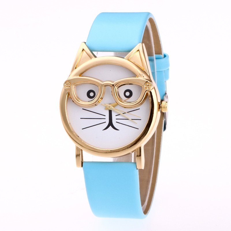 Children’s cartoon cat-face quartz wristwatch with rectangular dial and PU strap - Product view 1