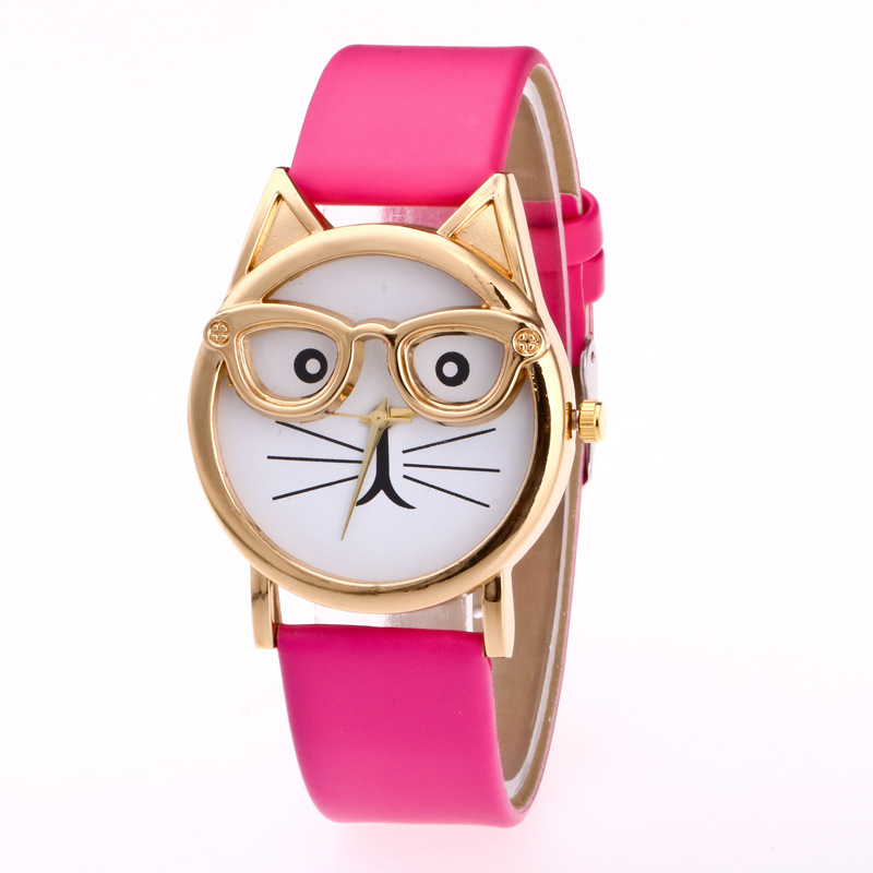 Children’s cartoon cat-face quartz wristwatch with rectangular dial and PU strap - Product view 2