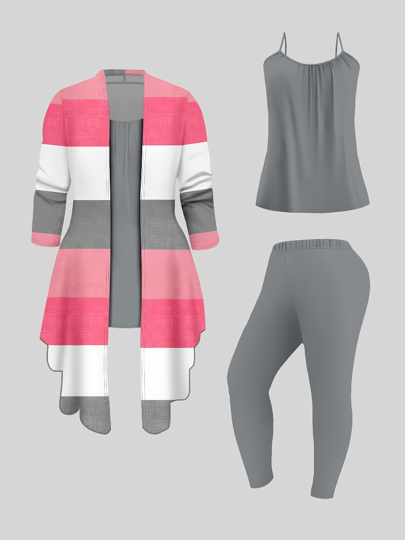 Women's pink striped print three-piece suit set with cardigan jacket, vest, and casual pants - Main product view