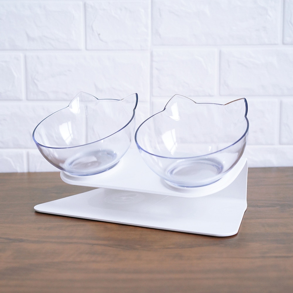 Elevated transparent double cat food bowl with 15-degree tilted opening and anti-skid base - Product view 15