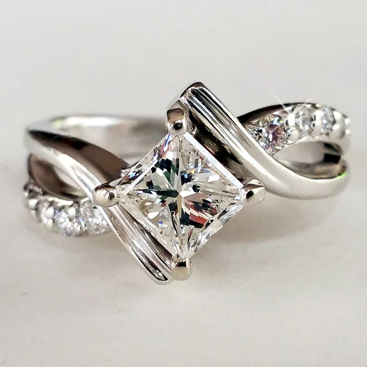 Platinum-color line simulation diamond engagement ring - Main product view