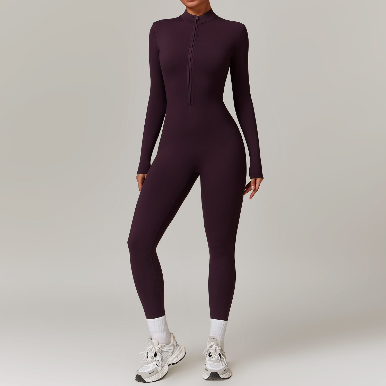 Women's long-sleeve zip-front sports jumpsuit in warm velvet fabric - Product view 8
