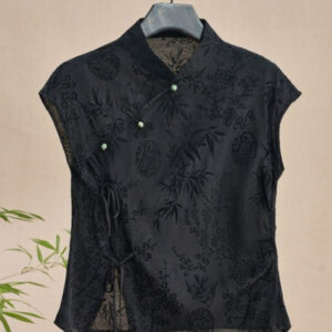 Black women's loose-fit short-sleeve shirt with frog-button styling and lace-up accents - Main product view