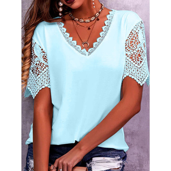 Women's lace-panel loose V-neck short-sleeve top in a solid color - Product view 3