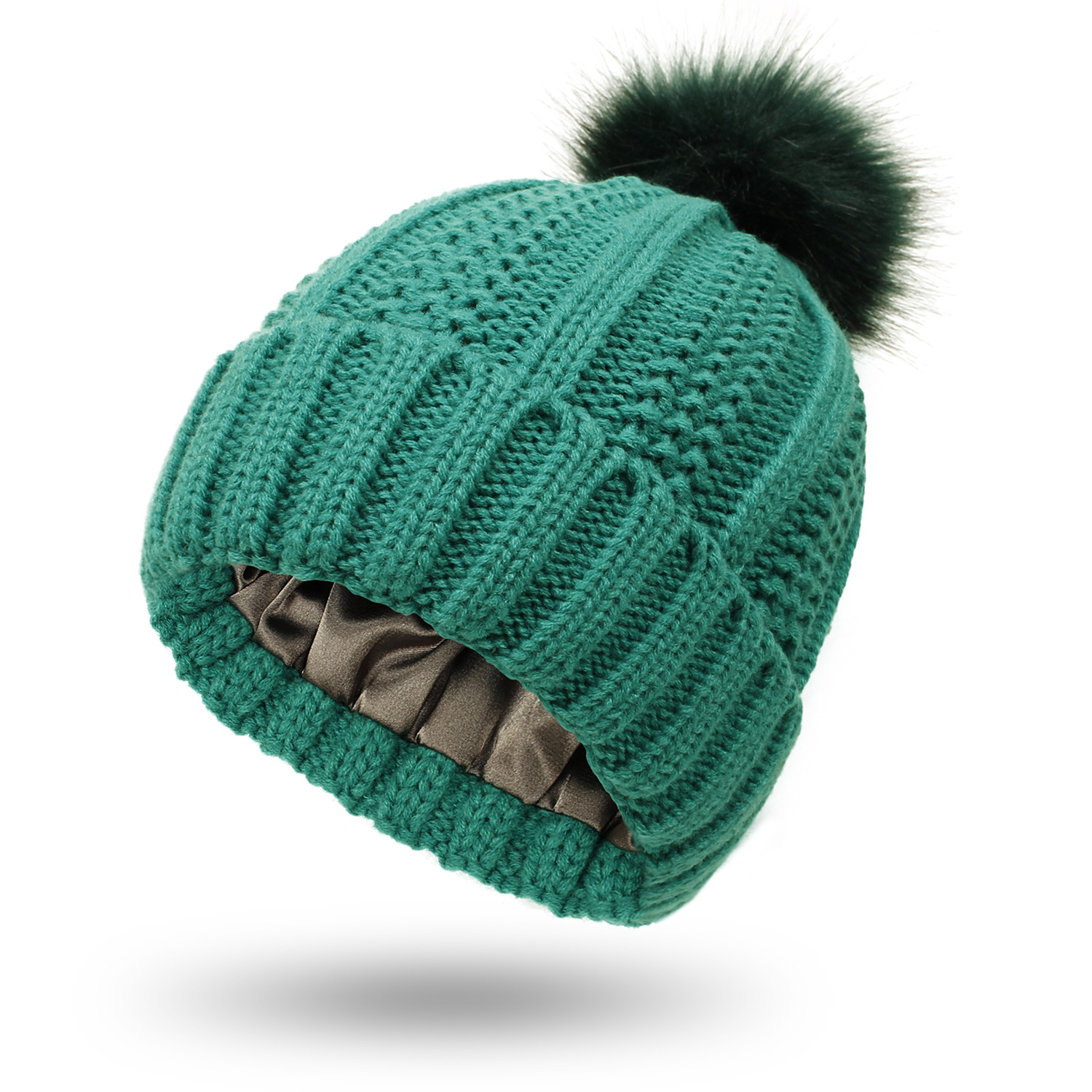 Women’s knitted beanie with satin lining and faux fur pom pom - Product view 3