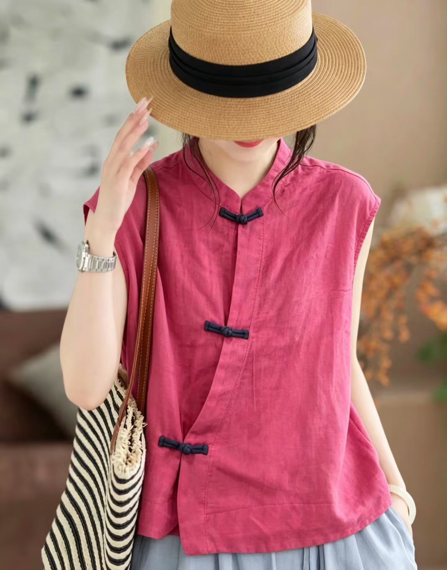 Women’s Chinese-style retro cotton vest with frog buttons - Product view 6