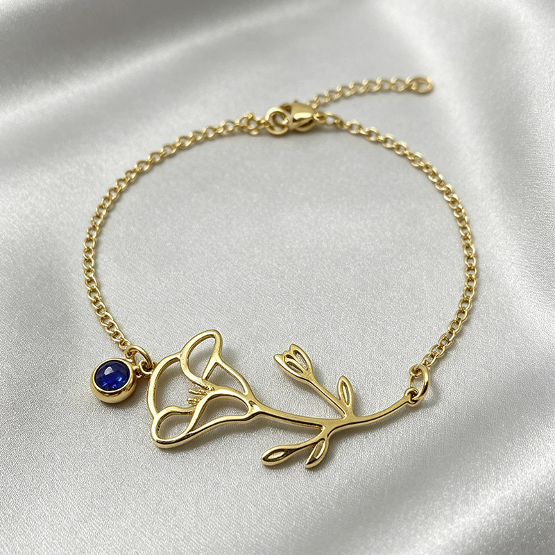 Retro stainless steel birth flower bracelet with monthly flower design - Product view 6