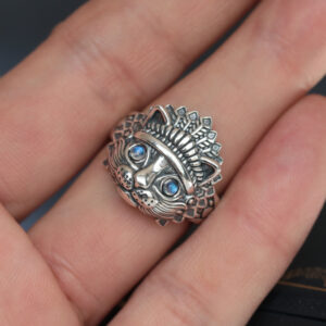 Men’s adjustable copper ring with moonstone detail and vintage Indian cat design - Main product view