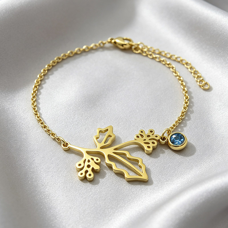 Retro stainless steel birth flower bracelet with monthly flower design - Product view 11