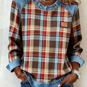 Plaid denim patchwork round-neck long-sleeve casual top - Main product view