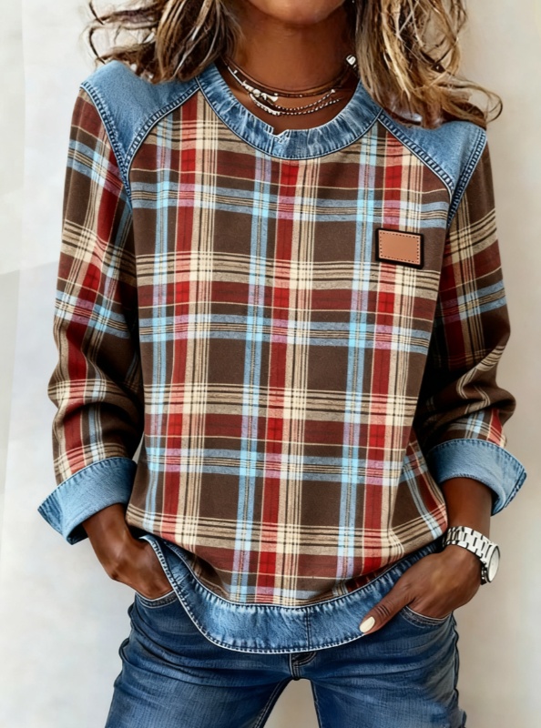 Plaid denim patchwork round-neck long-sleeve casual top - Main product view