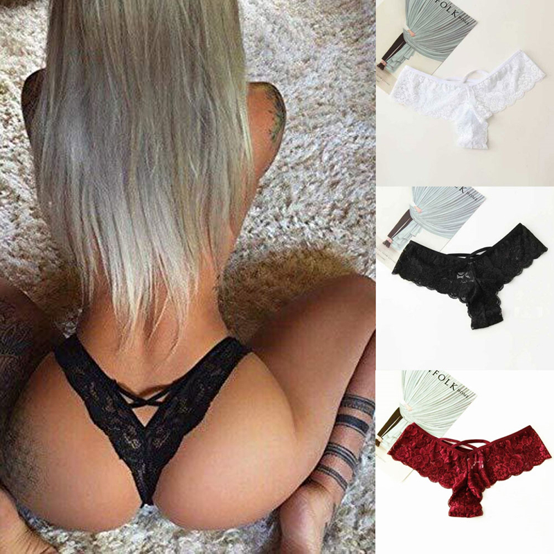 Women's lace low-waist thong panties with floral jacquard pattern - Main product view