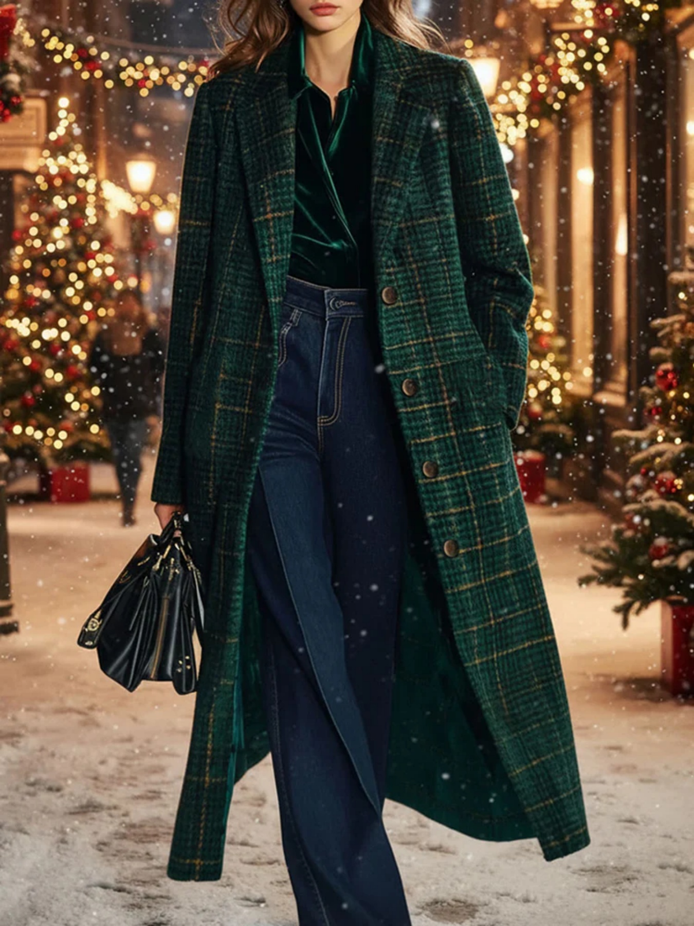 Women's loose-fitting retro plaid mid-length coat with long sleeves - Main product view