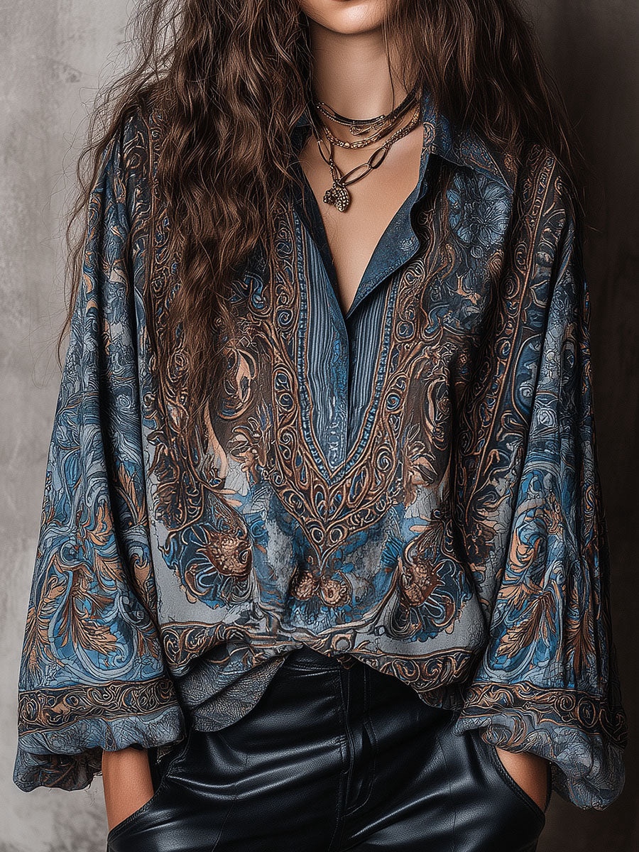 Women's blue printed patchwork long-sleeve top with princess-style sleeves - Product view 2