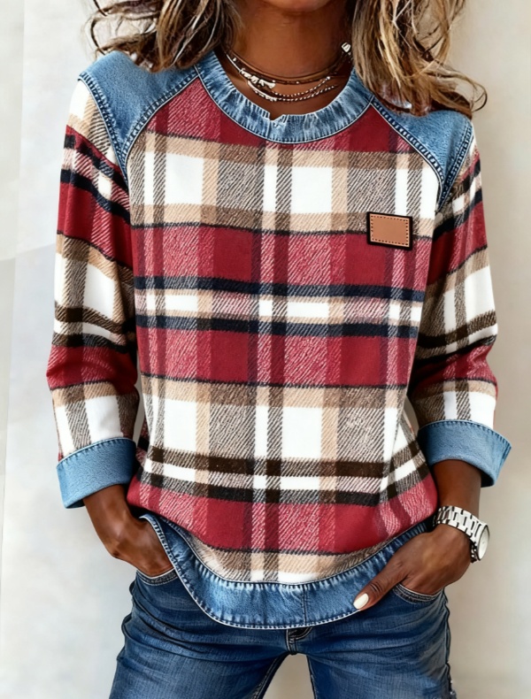 Plaid denim patchwork round-neck long-sleeve casual top - Product view 5