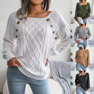 Women's loose-fit square-neck knitted sweater with long sleeves and button detail - Main product view