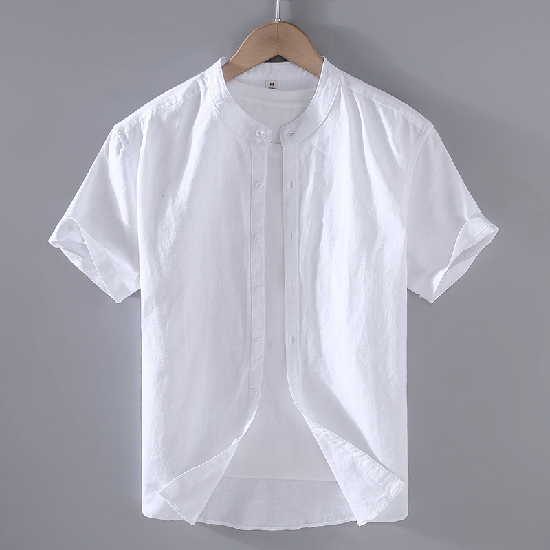 Men's solid-color cotton-linen blend short-sleeve shirt with stand collar - Product view 1