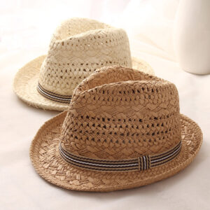 Parent and child papyrus straw summer hats in beige and khaki - Main product view