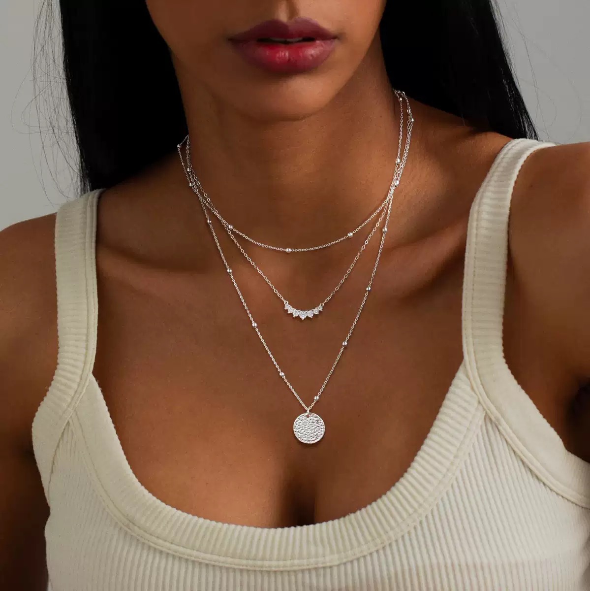 Women’s three-piece geometric necklace set with zircon accents - Product view 3