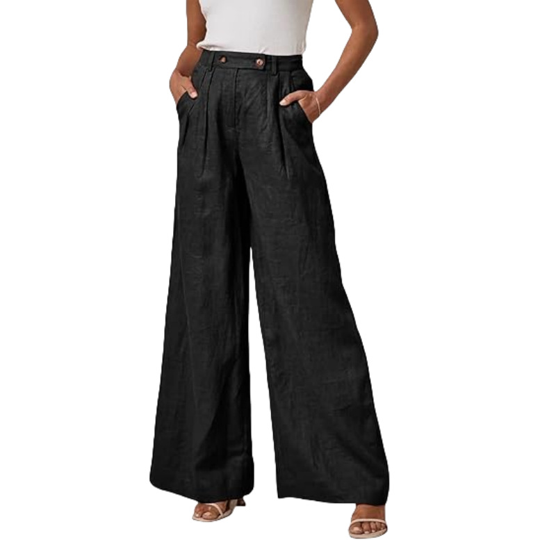 Women's cotton-linen wide-leg trousers with elastic high waist and button detail - Product view 5