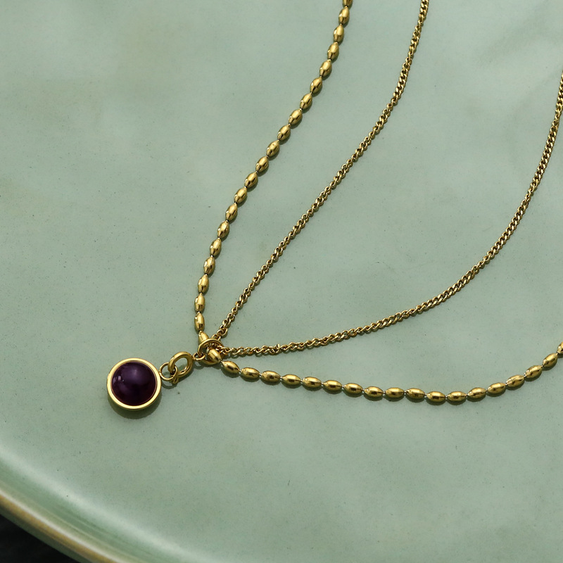 Vintage women's double-layer natural stone pendant necklace with geometric titanium steel pendant - Product view 1