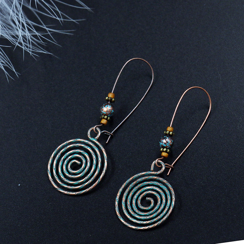 Vintage bohemian bronze-tone long hollow drop earrings with artificial gem inlay - 7 Style