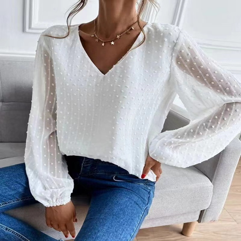 White loose long sleeve V-neck faux two-piece top - Product view 4