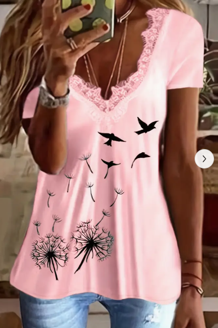 Color-block short-sleeve T-shirt with lace detailing and dandelion print - Product view 1