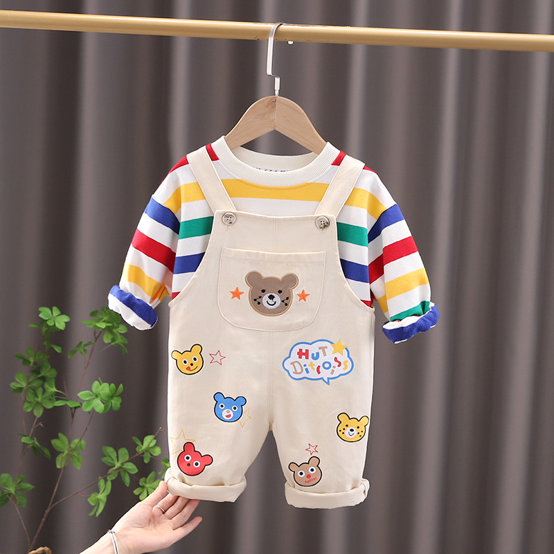 Boys’ Top Overalls Suit - Product view 7 Boys' plaid shirt and strap pants outfit in yellow or beige - Product view 7