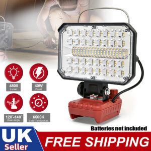 Red cordless LED work light with pivoting head and USB charging ports - Main product view