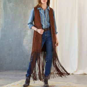 Women's fringe suede-style sleeveless vest jacket in camel or black - Main product view