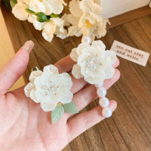 Romantic camellia duckbill barrette for women in green leaf and pearl designs - Main product view