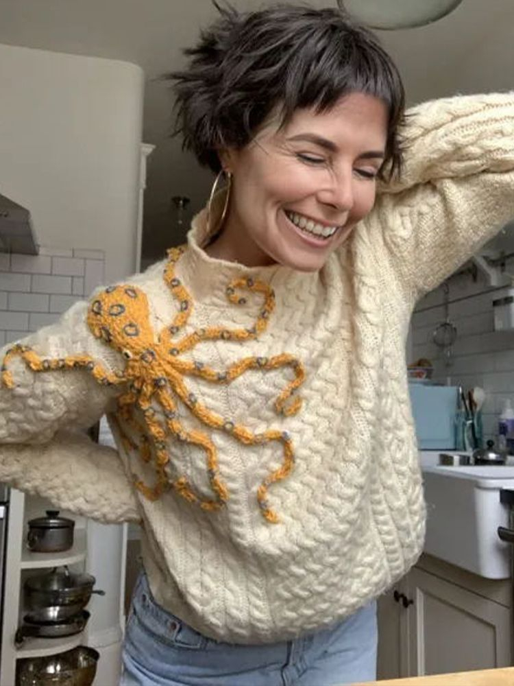 Beige unisex high-neck pullover sweater with a 3D textured pattern - Product view 2