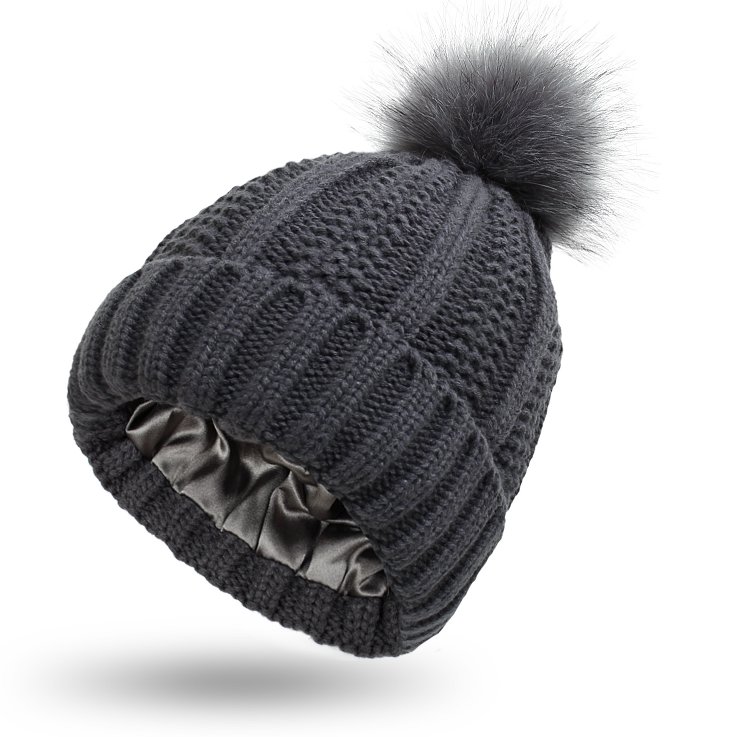 Women’s knitted beanie with satin lining and faux fur pom pom - Product view 1