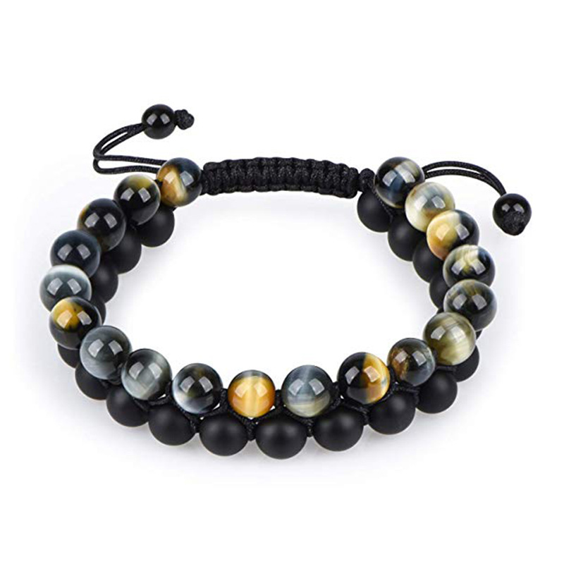 Tiger eye and matte black agate couple bracelets with geometric beads - Main product view