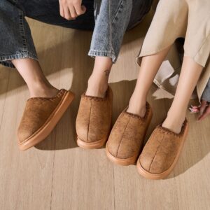 Unisex plush indoor slippers with non-slip design in beige, gray, and brown - Main product view