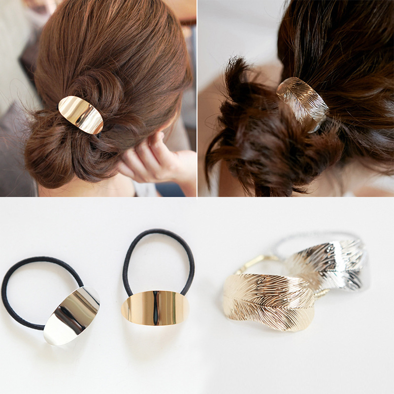 Korean-style metal leaf hair tie with glossy gold or silver finish - Product view 3