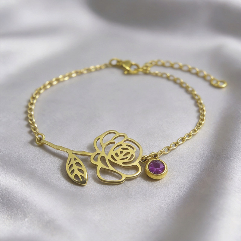 Retro stainless steel birth flower bracelet with monthly flower design - Product view 1