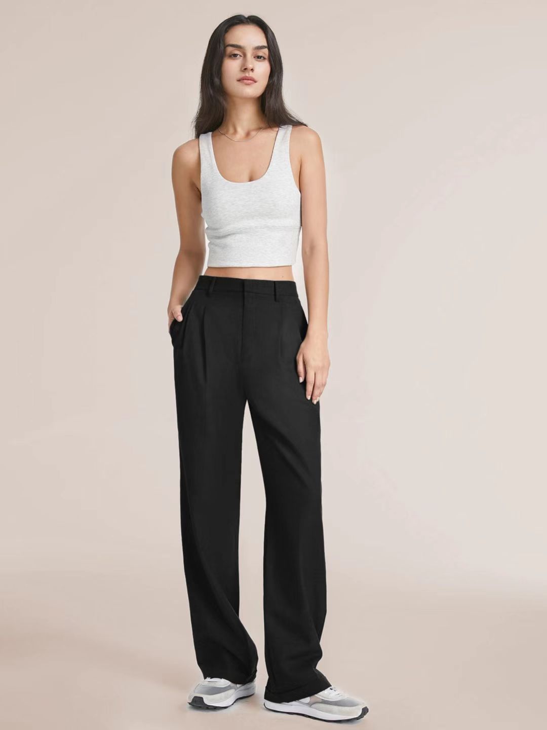 Women's high-waist straight-leg casual trousers with pockets - Product view 1