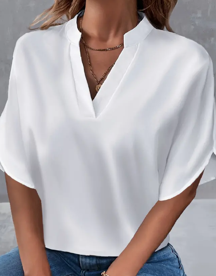 Women's solid color notch neck short-sleeve blouse - Main product view