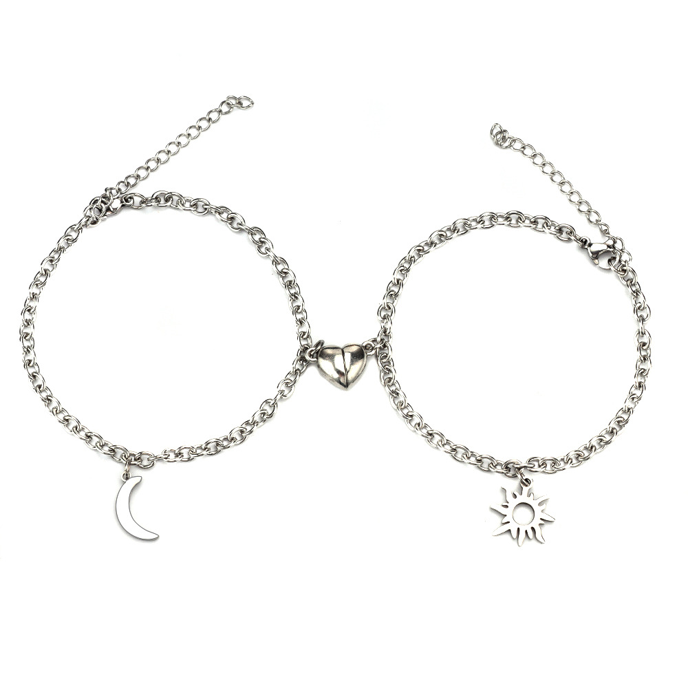 Two matching sun and moon-inspired couple bracelets in titanium steel - Product view 11