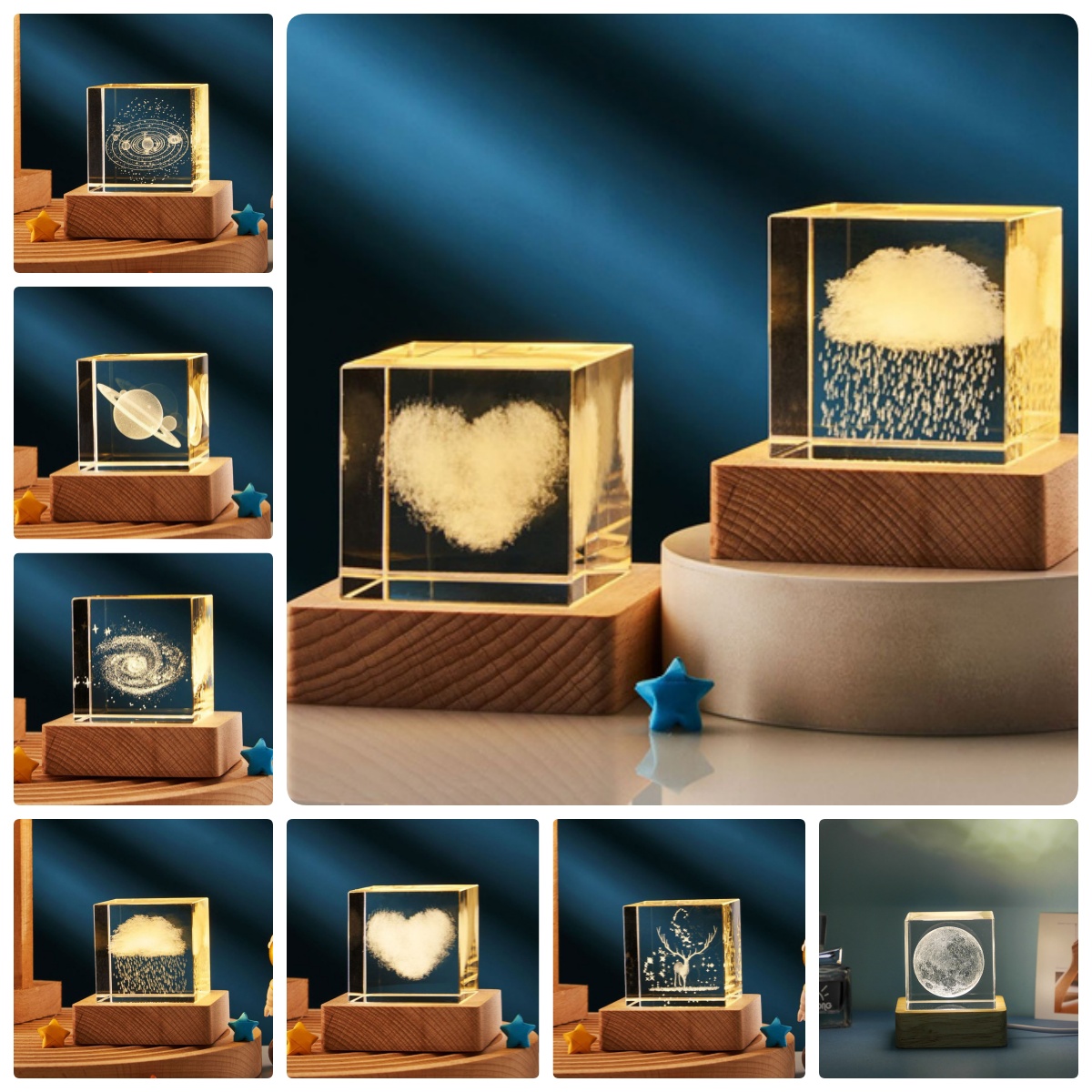 Transparent 3D crystal cube USB night lamp with warm Saturn design - Main product view