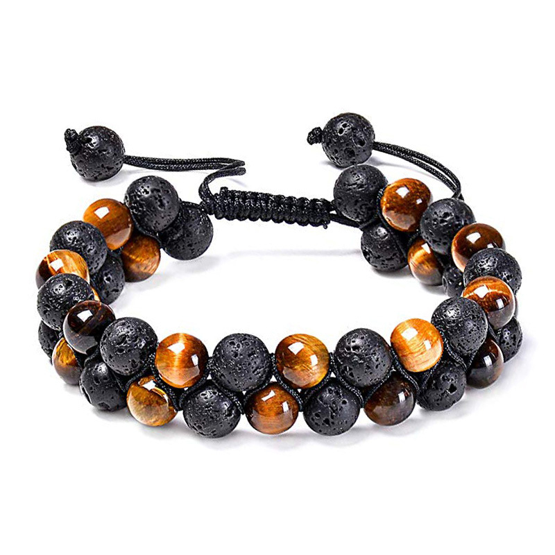 Tiger eye and matte black agate couple bracelets with geometric beads - Product view 1